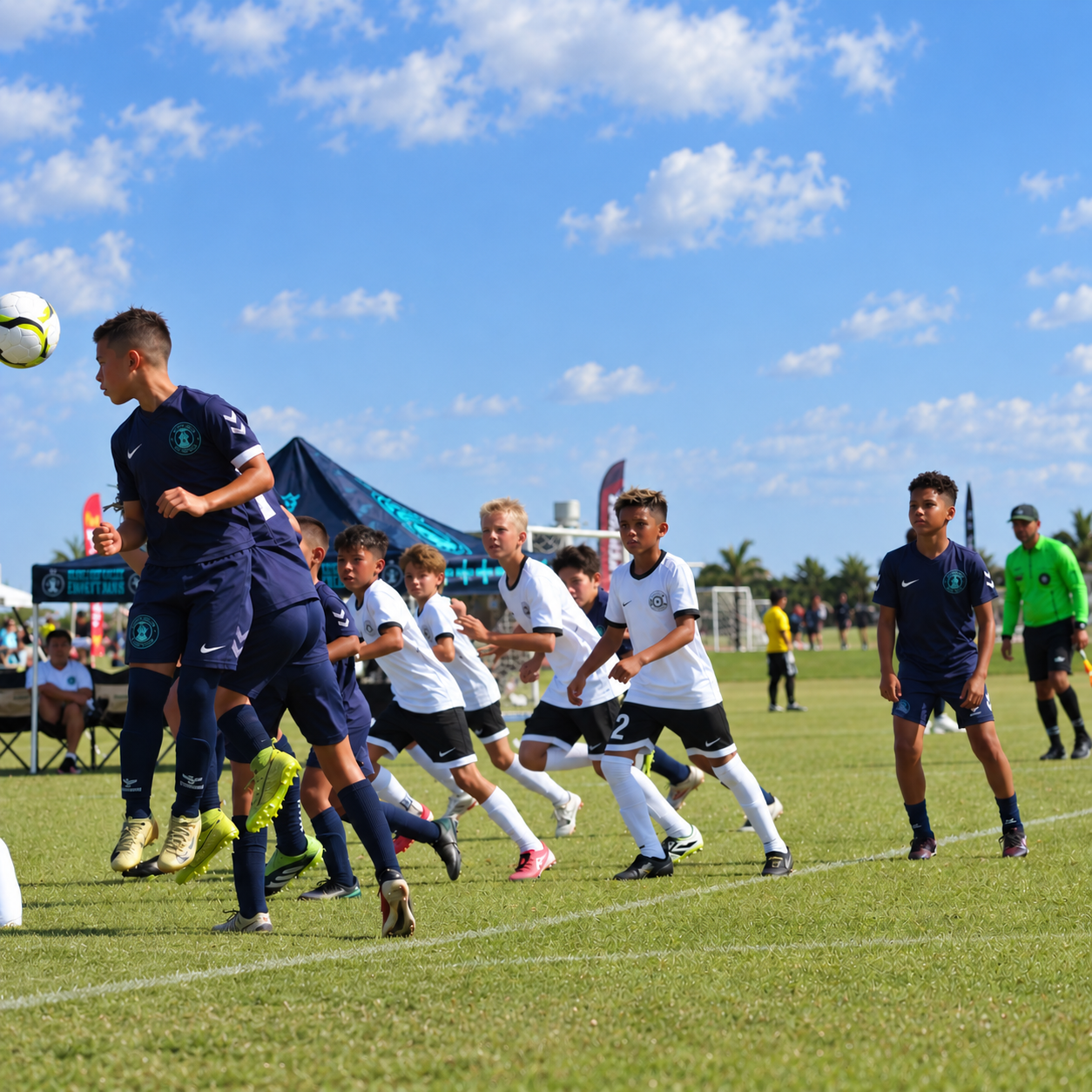 WCOB youth players competing for the ball during an outdoor match